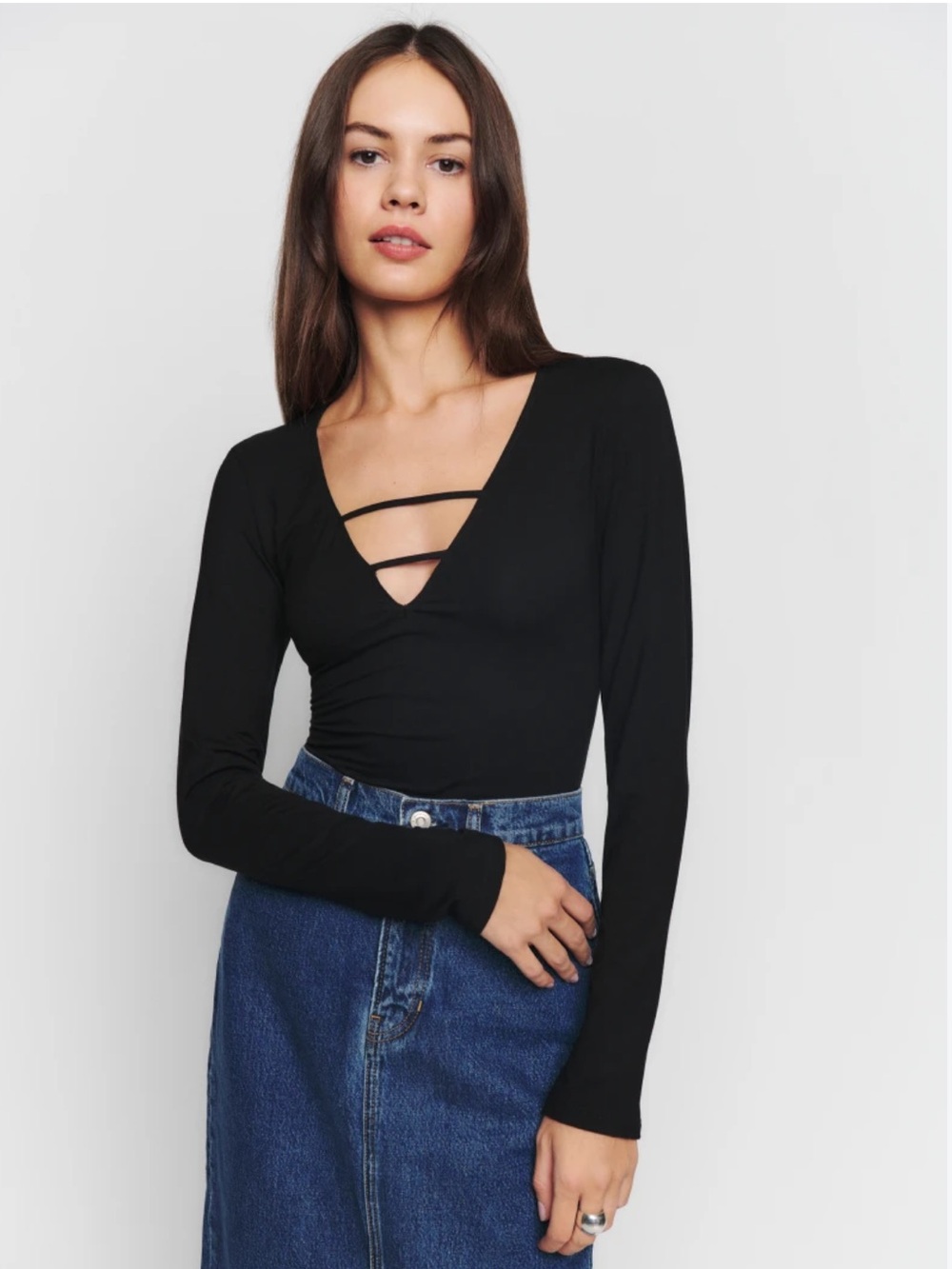 Reformation Leland  Black V-Neck Long Sleeve Top with Front Strap Detail. Size S